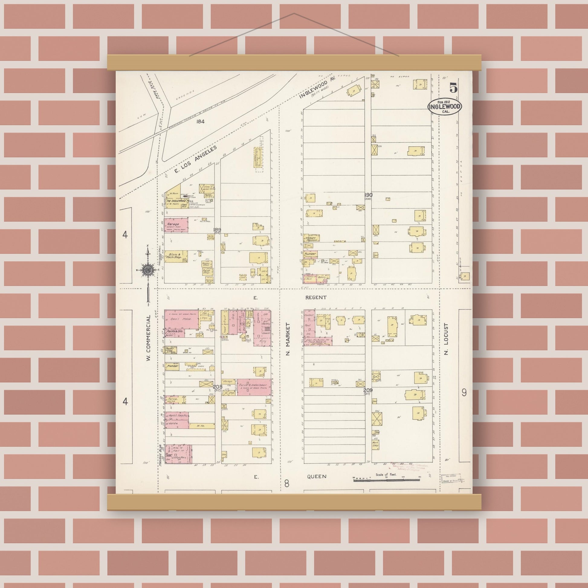 Old map wall art mockup — magnetic wood frame on brick wall — Sanborn Fire Insurance Map from Inglewood, Los Angeles County, California (1912), Sheet #0005