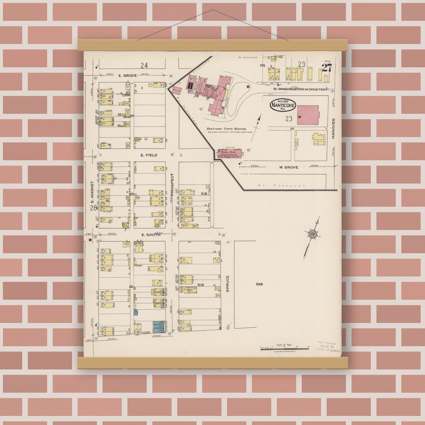 Old map wall art mockup — magnetic wood frame on brick wall — Sanborn Fire Insurance Map from Nanticoke, Luzerne County, Pennsylvania (1920), Sheet #0027
