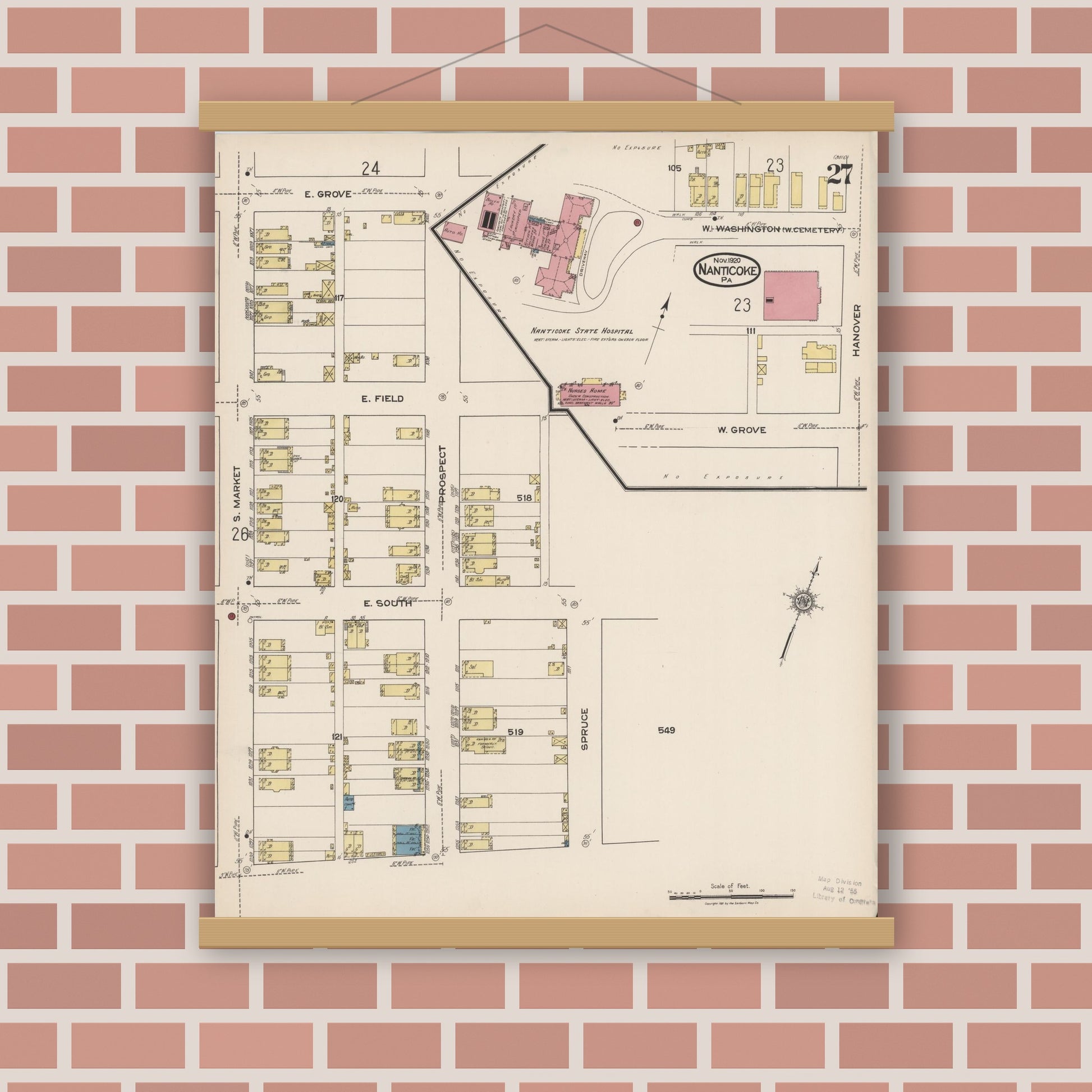 Old map wall art mockup — magnetic wood frame on brick wall — Sanborn Fire Insurance Map from Nanticoke, Luzerne County, Pennsylvania (1920), Sheet #0027