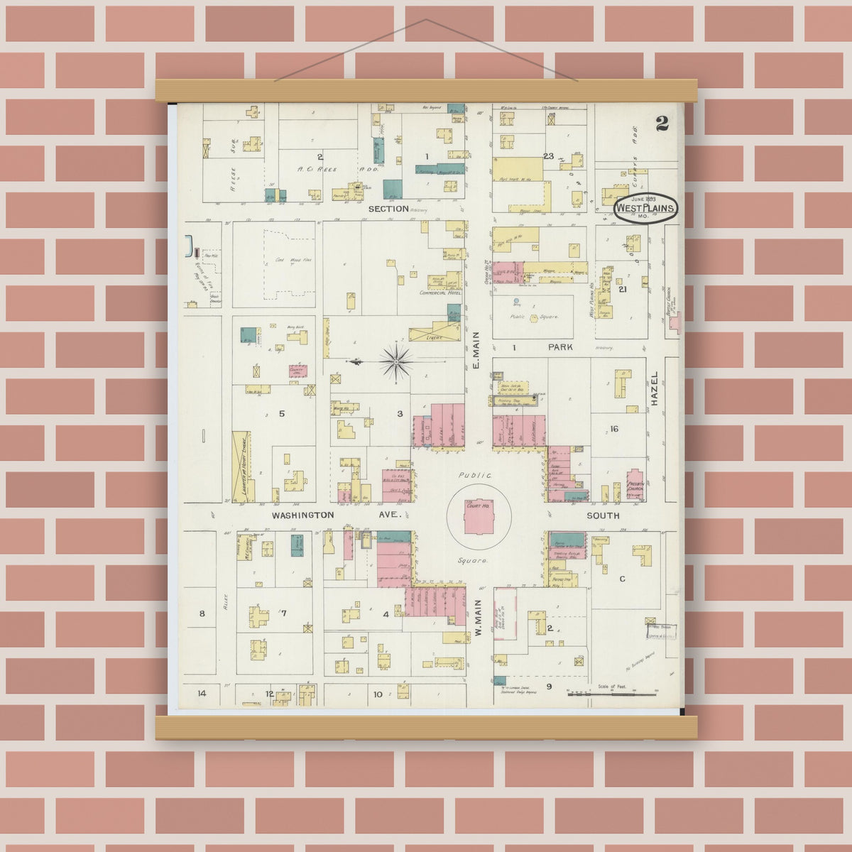 Old map wall art mockup — magnetic wood frame on brick wall — Sanborn Fire Insurance Map from West Plains, Howell County, Missouri (1893), Sheet #0002
