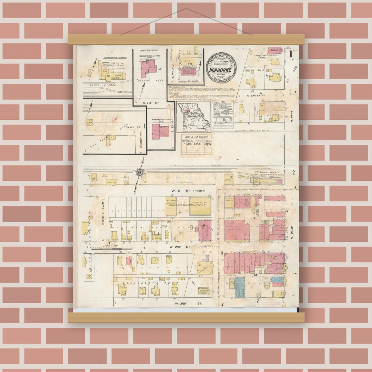 Old map wall art mockup — magnetic wood frame on brick wall — Sanborn Fire Insurance Map from Norborne, Carroll County, Missouri (1933), Sheet #0001