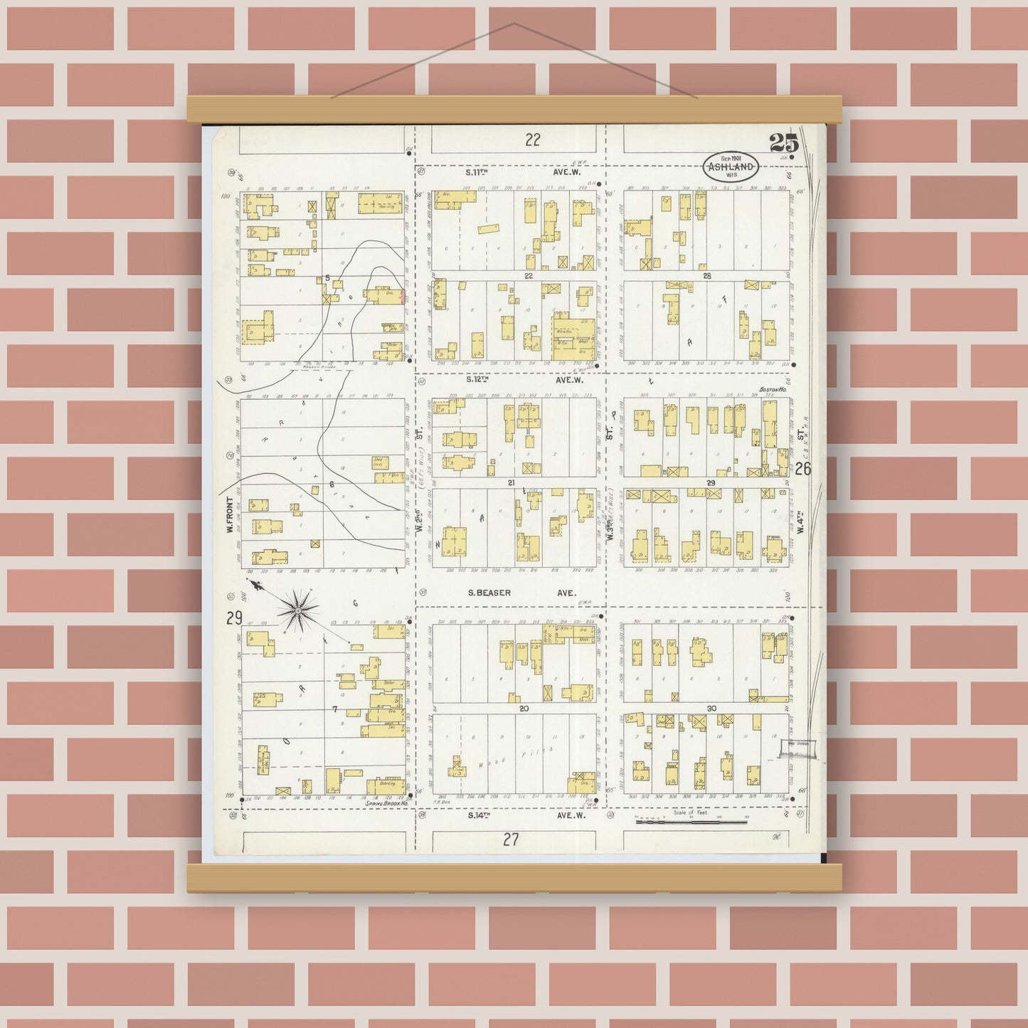 Old map wall art mockup — magnetic wood frame on brick wall — Sanborn Fire Insurance Map from Ashland, Ashland County, Wisconsin (1901), Sheet #0025
