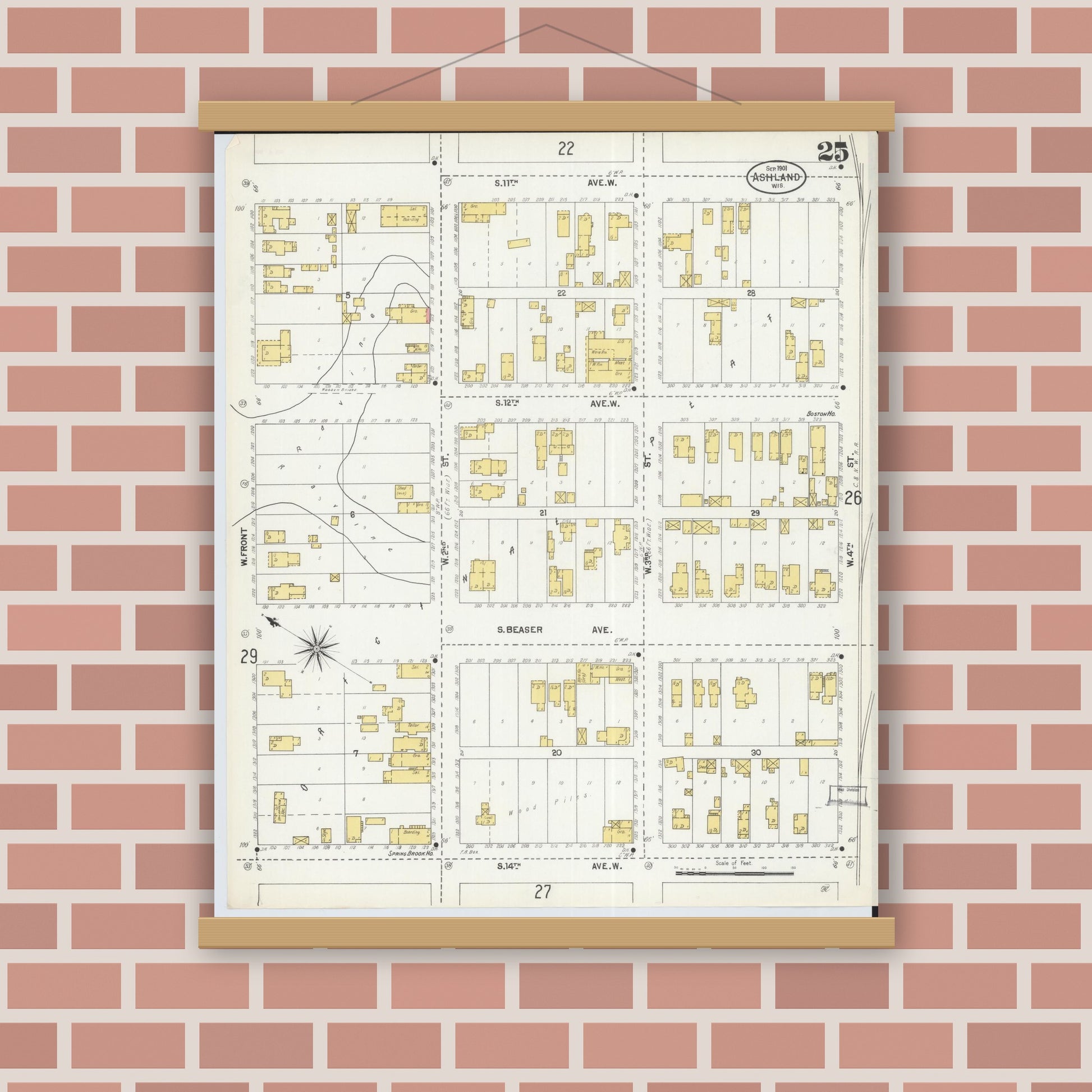 Old map wall art mockup — magnetic wood frame on brick wall — Sanborn Fire Insurance Map from Ashland, Ashland County, Wisconsin (1901), Sheet #0025