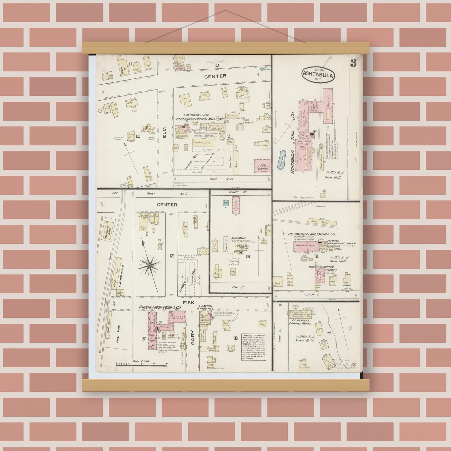 Old map wall art mockup — magnetic wood frame on brick wall — Sanborn Fire Insurance Map from Ashtabula, Ashtabula County, Ohio (1884), Sheet #0003