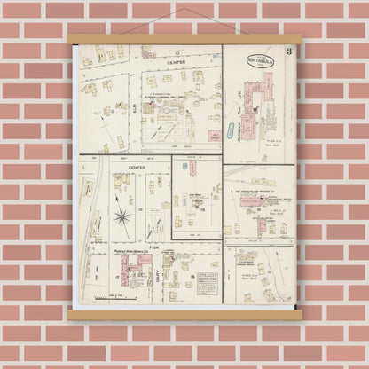 Old map wall art mockup — magnetic wood frame on brick wall — Sanborn Fire Insurance Map from Ashtabula, Ashtabula County, Ohio (1884), Sheet #0003