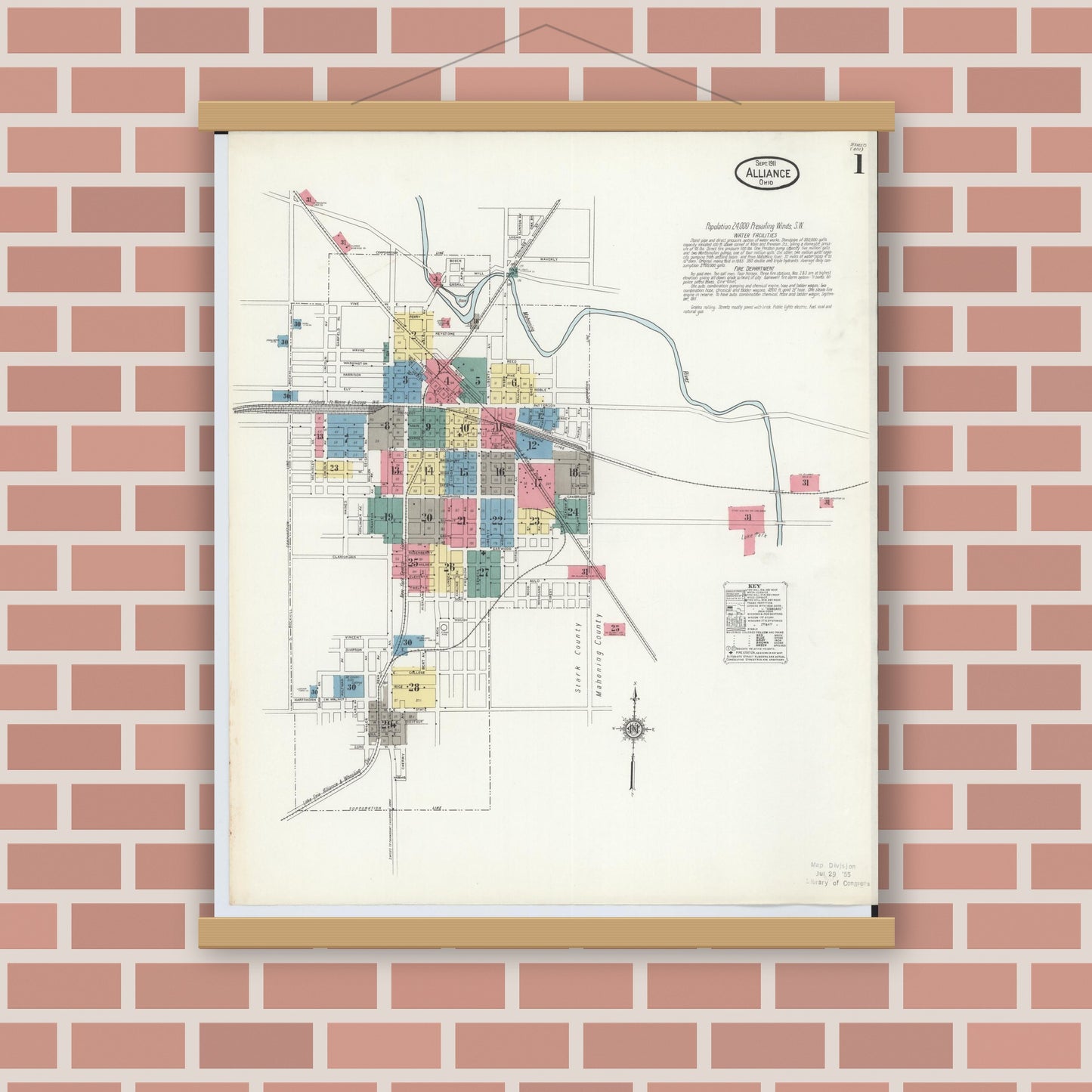 Old map wall art mockup — magnetic wood frame on brick wall — Sanborn Fire Insurance Map from Alliance, Stark County, Ohio (1911), Sheet #0001