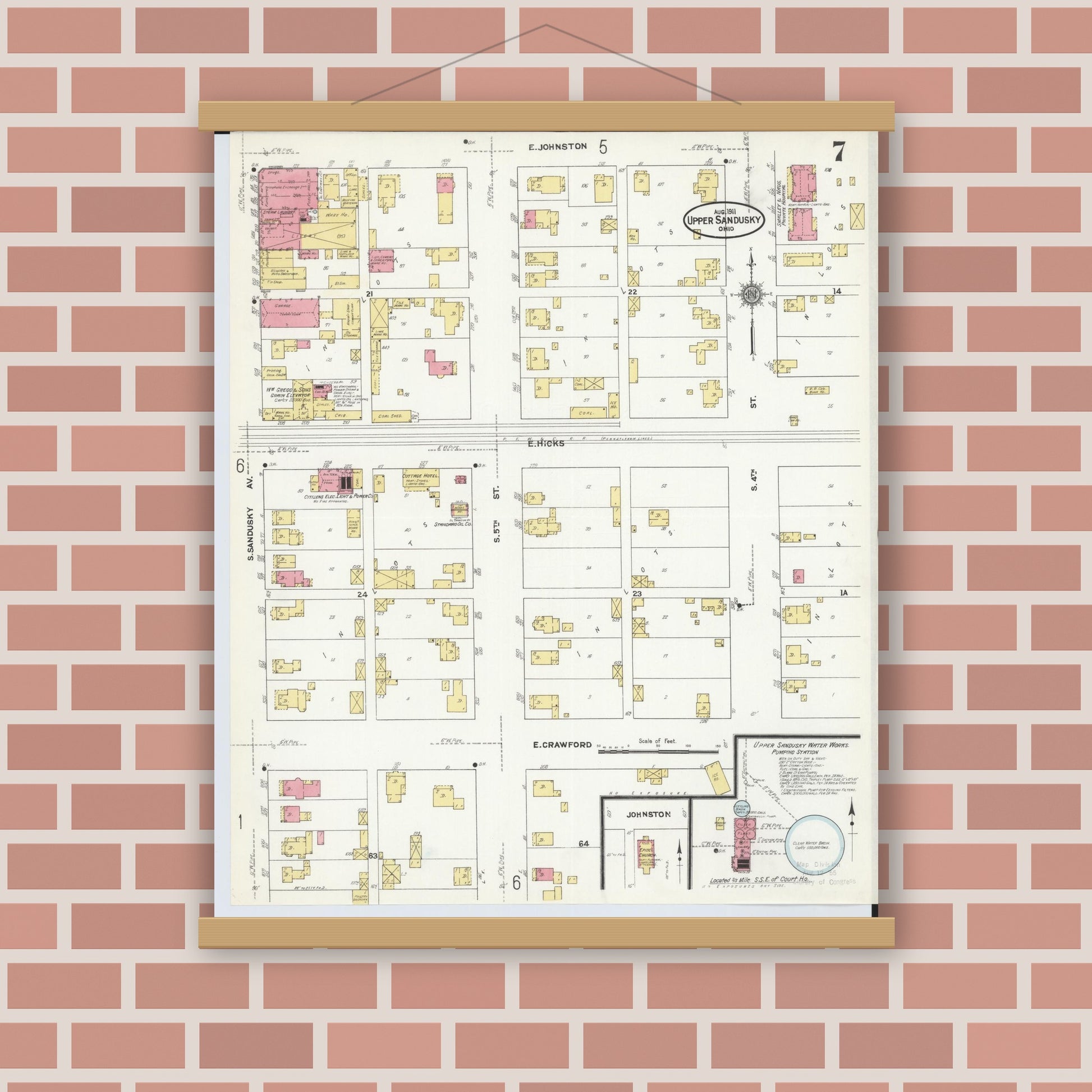 Old map wall art mockup — magnetic wood frame on brick wall — Sanborn Fire Insurance Map from Upper Sandusky, Wyandot County, Ohio (1911), Sheet #0007