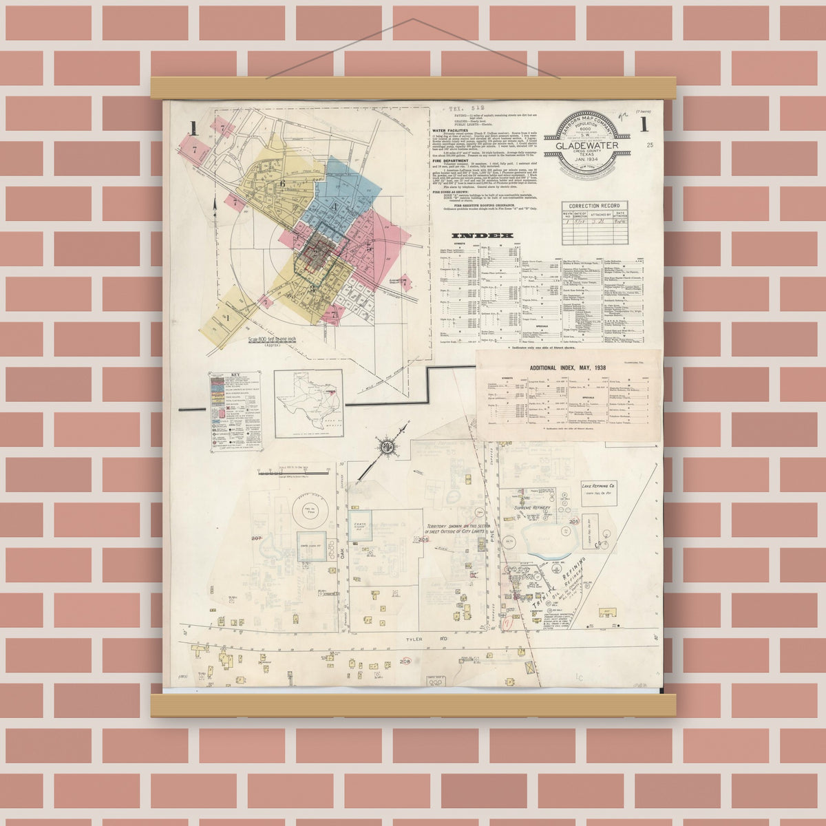 Old map wall art mockup — magnetic wood frame on brick wall — Sanborn Fire Insurance Map from Gladewater, Gregg County, Texas (1938), Sheet #0001