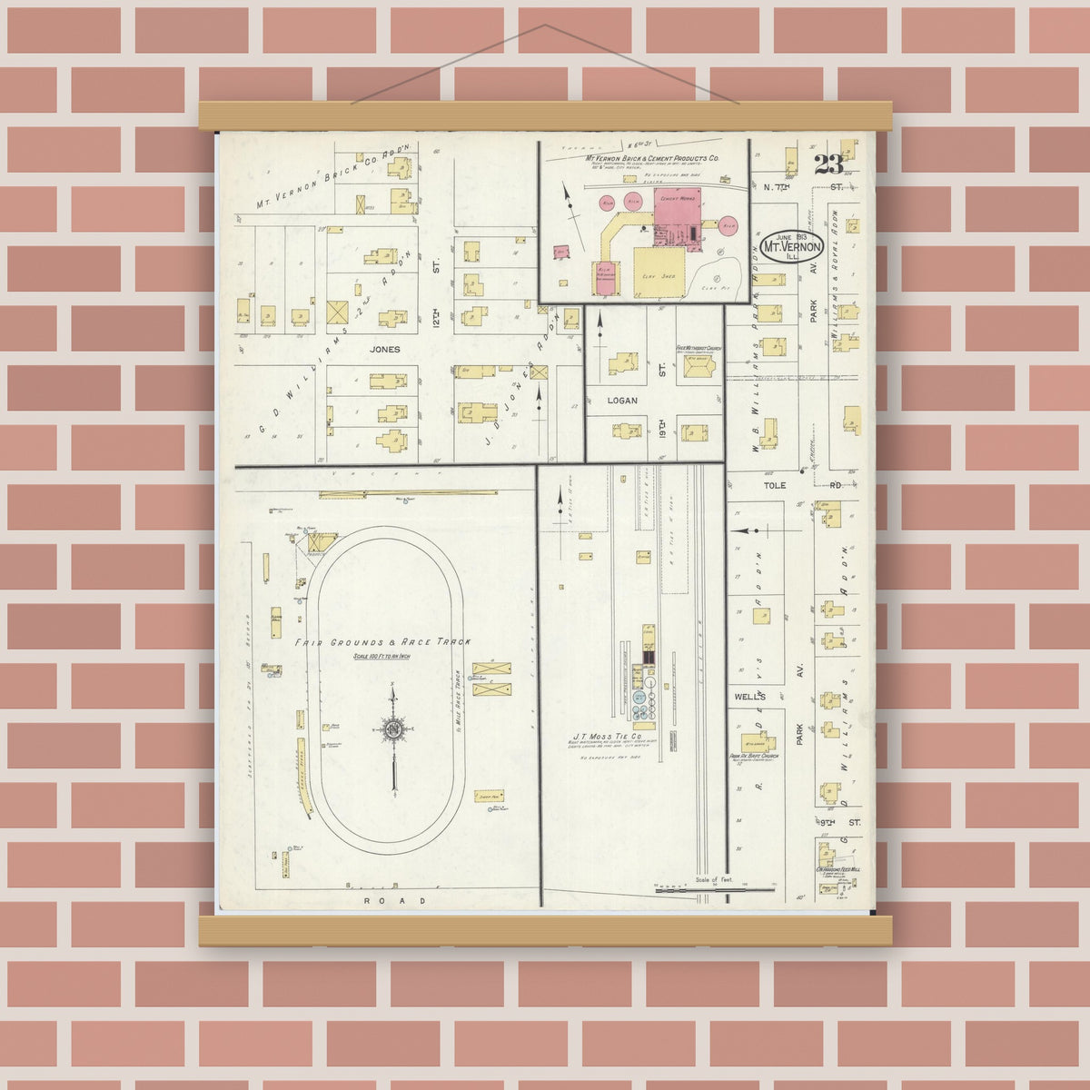 Old map wall art mockup — magnetic wood frame on brick wall — Sanborn Fire Insurance Map from Mount Vernon, Jefferson County, Illinois (1913), Sheet #0023