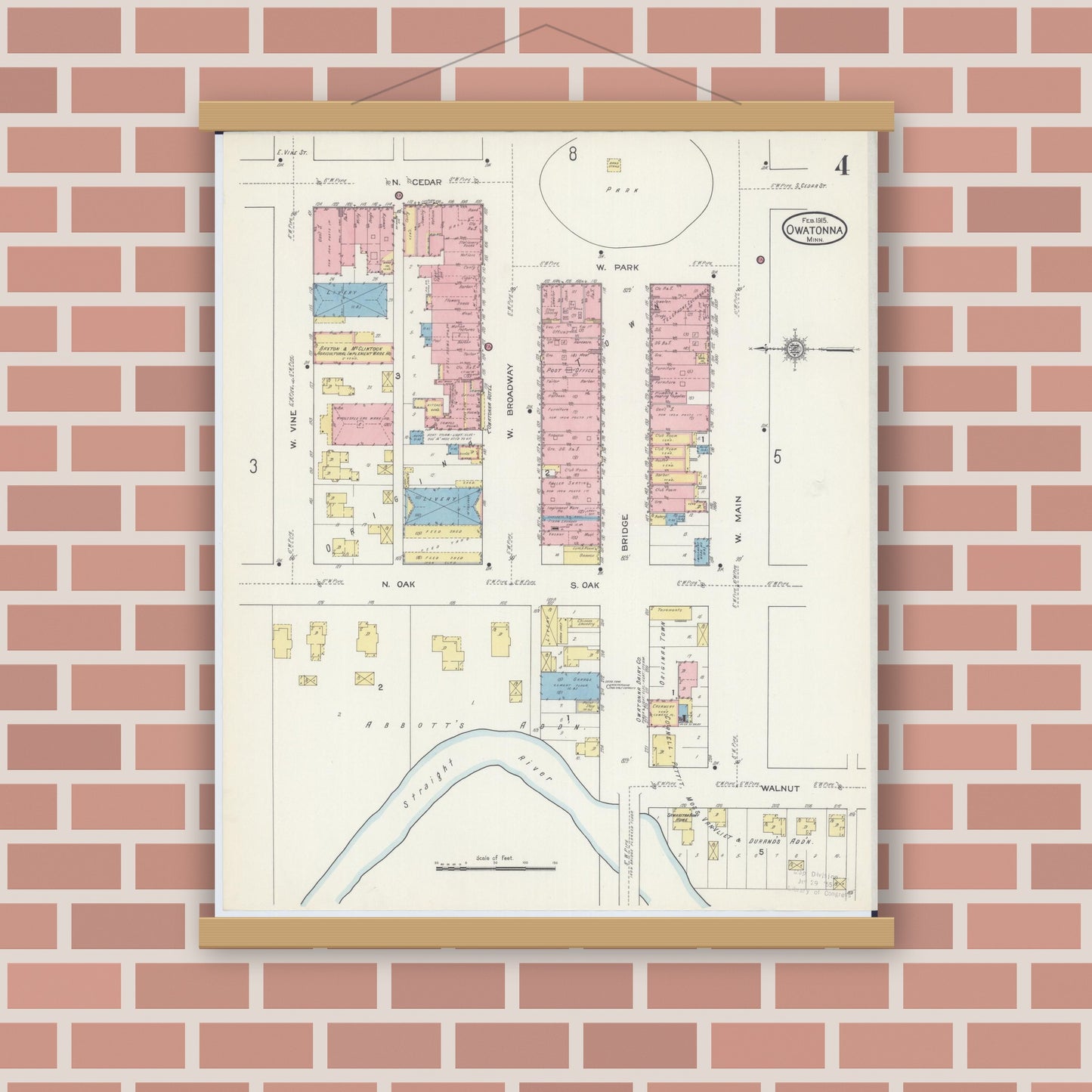 Old map wall art mockup — magnetic wood frame on brick wall — Sanborn Fire Insurance Map from Owatonna, Steele County, Minnesota (1915), Sheet #0004