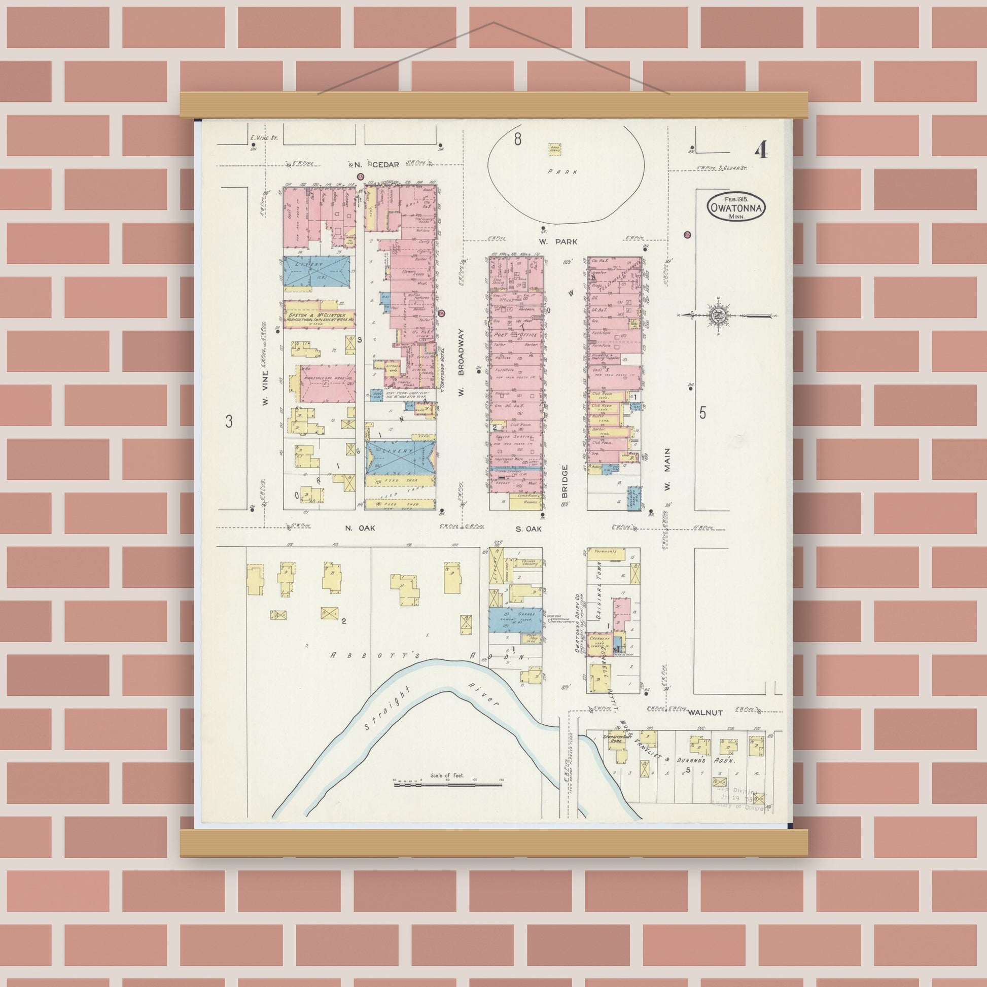 Old map wall art mockup — magnetic wood frame on brick wall — Sanborn Fire Insurance Map from Owatonna, Steele County, Minnesota (1915), Sheet #0004