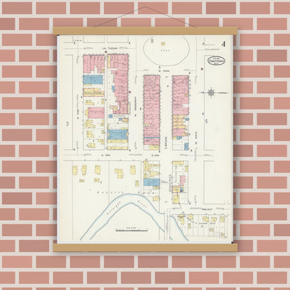Old map wall art mockup — magnetic wood frame on brick wall — Sanborn Fire Insurance Map from Owatonna, Steele County, Minnesota (1915), Sheet #0004