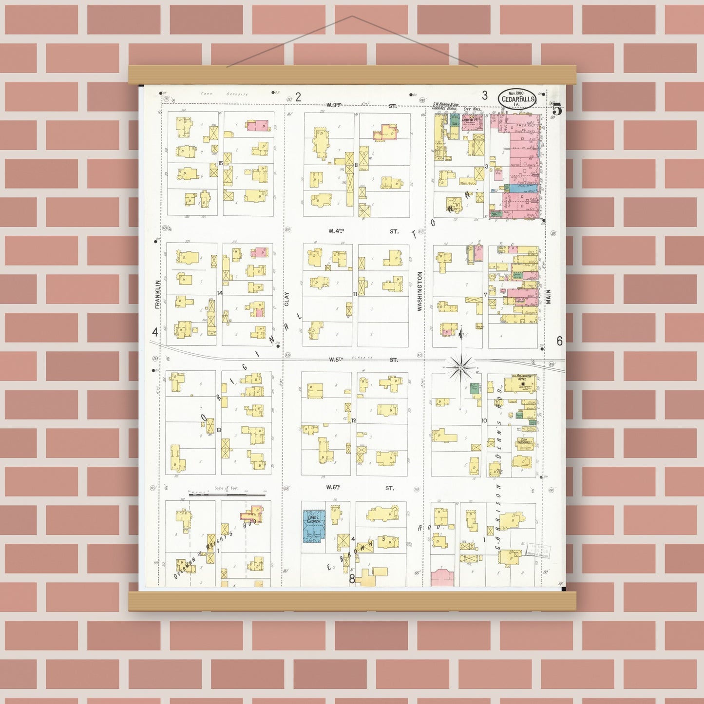 Old map wall art mockup — magnetic wood frame on brick wall — Sanborn Fire Insurance Map from Cedar Falls, Black Hawk County, Iowa (1900), Sheet #0005