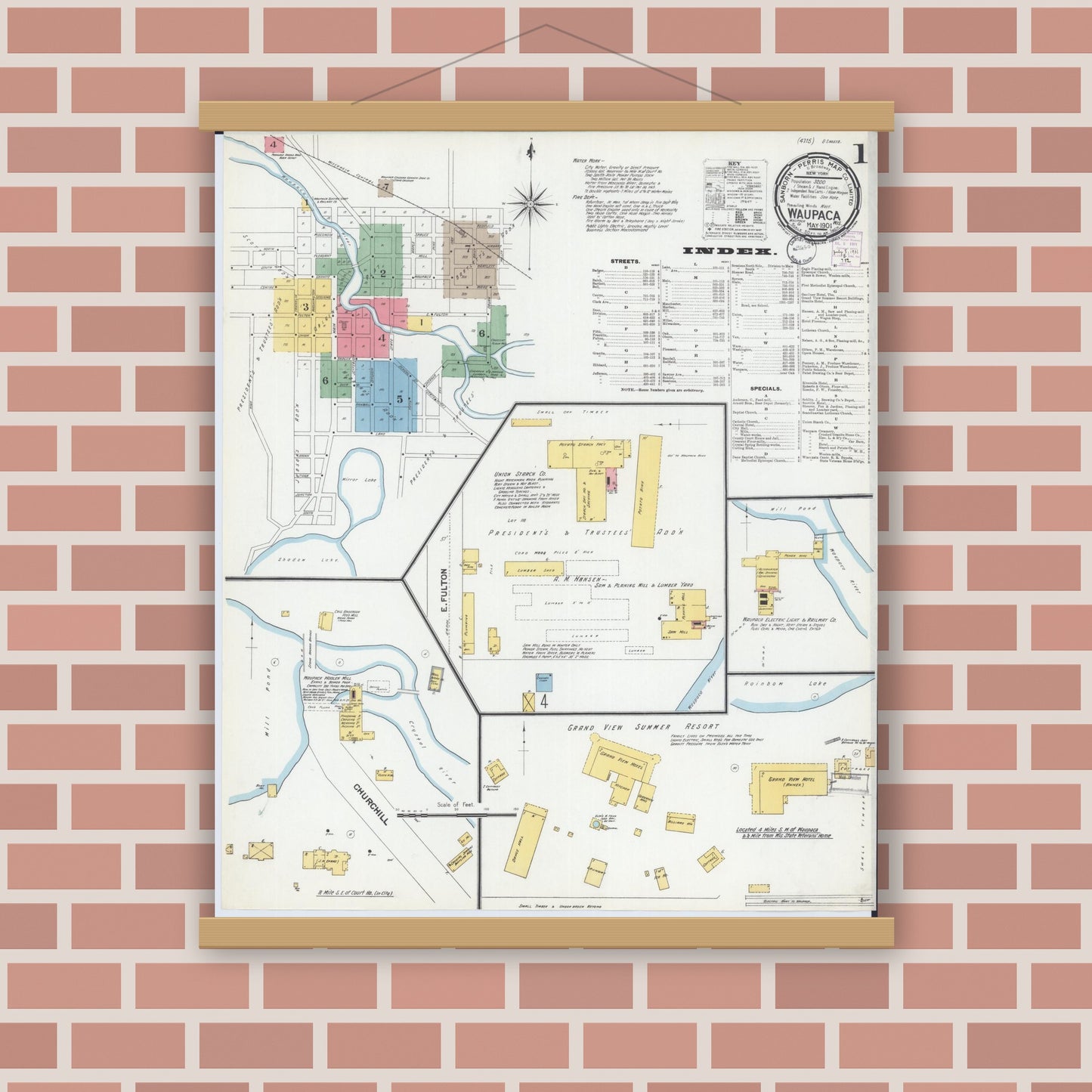 Old map wall art mockup — magnetic wood frame on brick wall — Sanborn Fire Insurance Map from Waupaca, Waupaca County, Wisconsin (1901), Sheet #0001