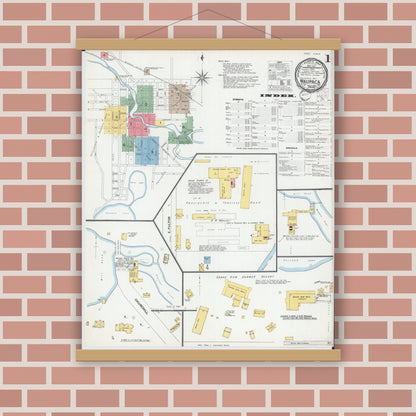 Old map wall art mockup — magnetic wood frame on brick wall — Sanborn Fire Insurance Map from Waupaca, Waupaca County, Wisconsin (1901), Sheet #0001