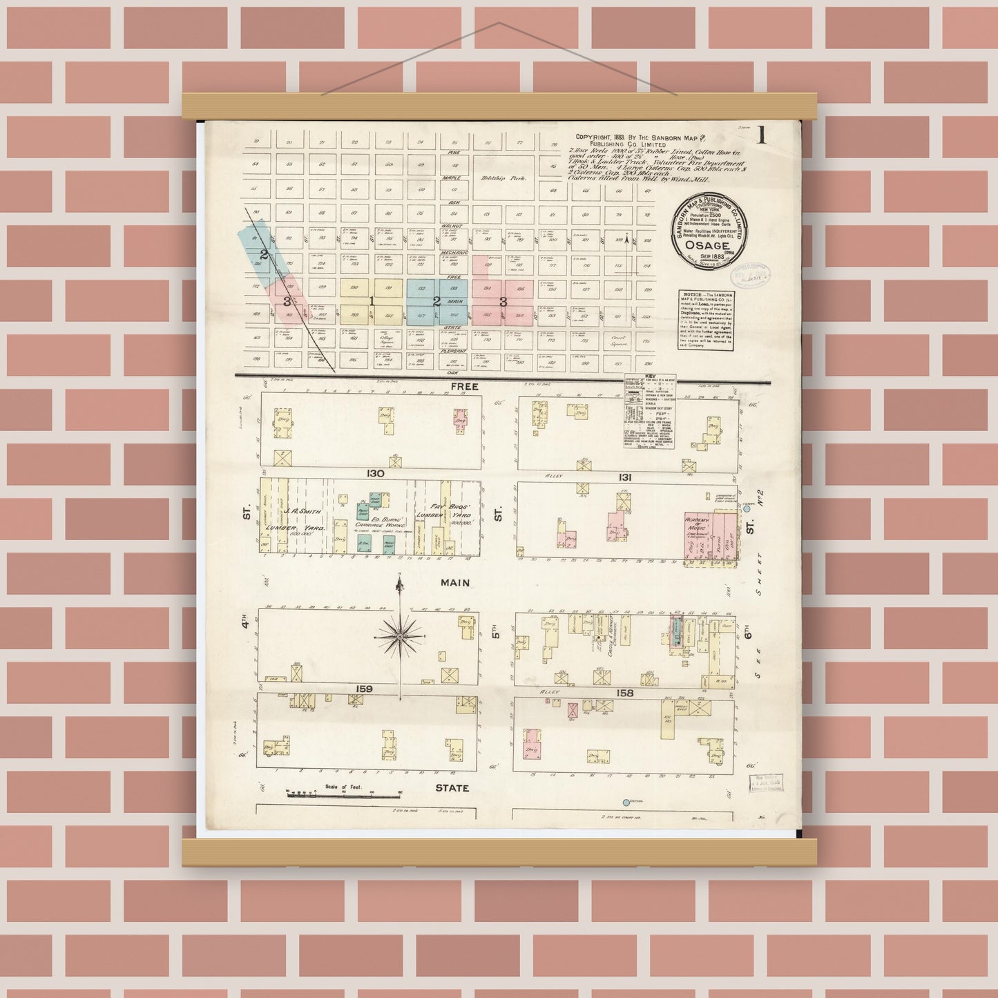 Old map wall art mockup — magnetic wood frame on brick wall — Sanborn Fire Insurance Map from Osage, Mitchell County, Iowa (1883) â€” Complete Set