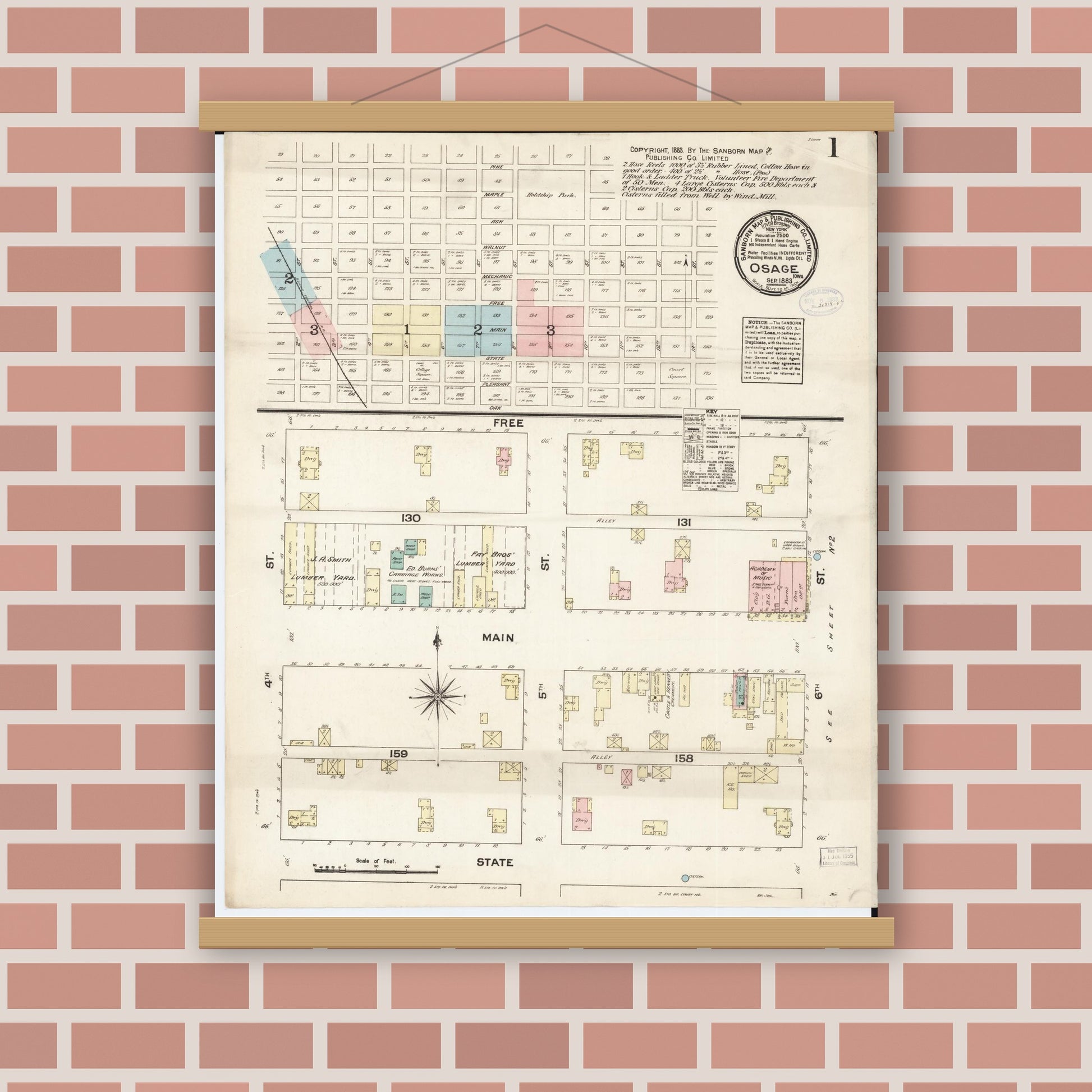 Old map wall art mockup — magnetic wood frame on brick wall — Sanborn Fire Insurance Map from Osage, Mitchell County, Iowa (1883) â€” Complete Set