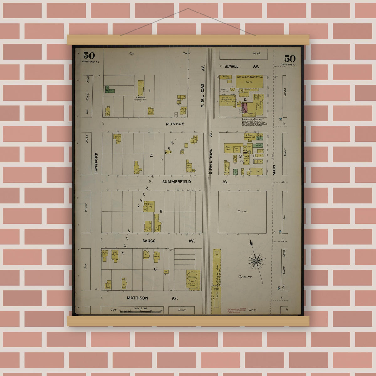 Old map wall art mockup — magnetic wood frame on brick wall — Sanborn Fire Insurance Map from New Jersey Coast, New Jersey Coast, New Jersey (1890), Sheet #0050