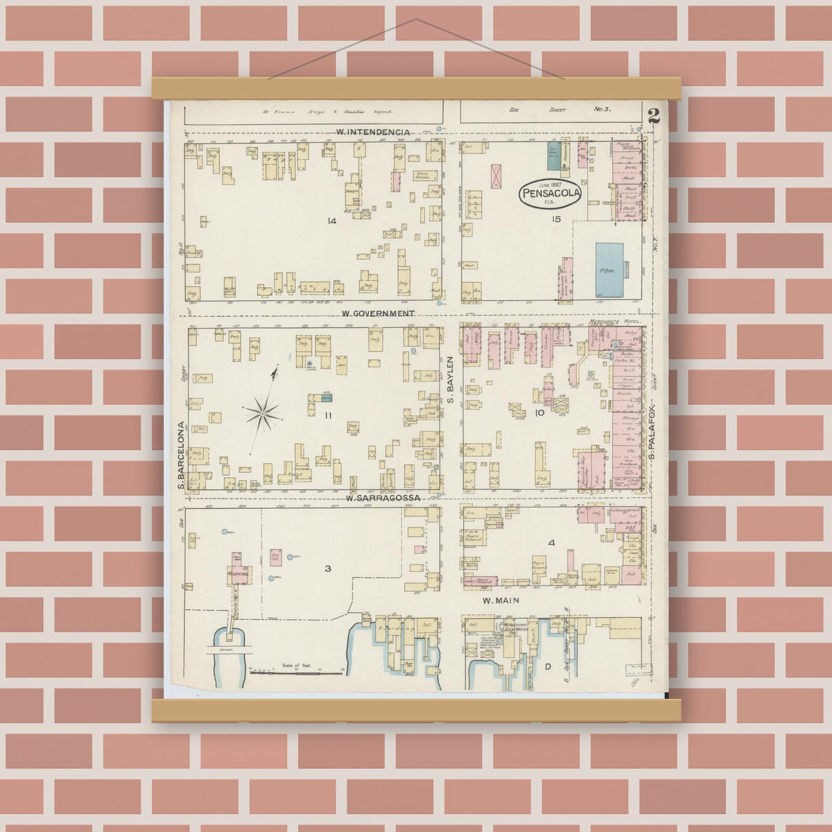 Old map wall art mockup — magnetic wood frame on brick wall — Sanborn Fire Insurance Map from Pensacola, Escambia County, Florida (1887), Sheet #0002