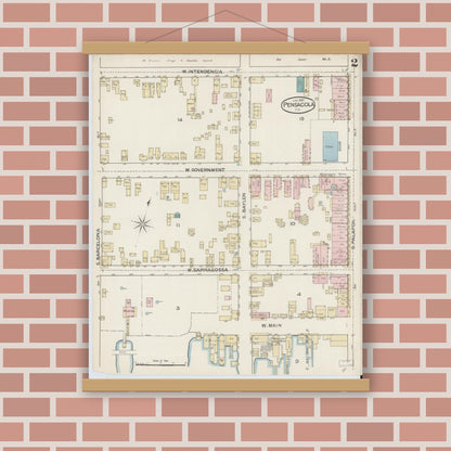 Old map wall art mockup — magnetic wood frame on brick wall — Sanborn Fire Insurance Map from Pensacola, Escambia County, Florida (1887), Sheet #0002