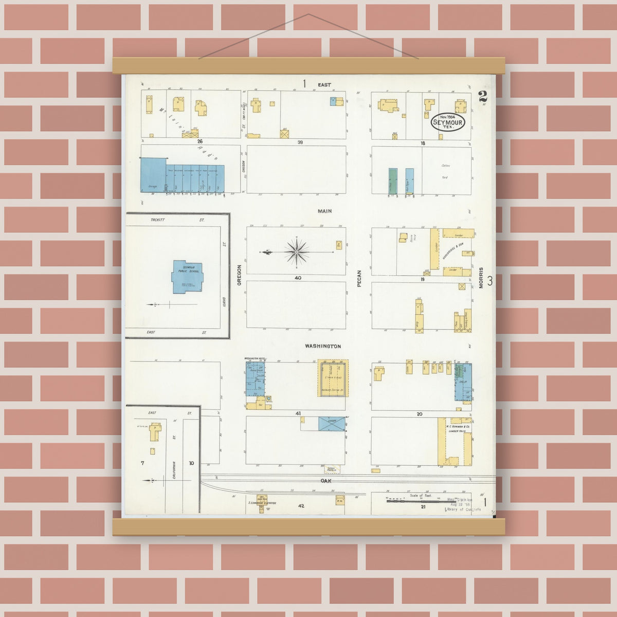 Old map wall art mockup — magnetic wood frame on brick wall — Sanborn Fire Insurance Map from Seymour, Baylor County, Texas (1904), Sheet #0002