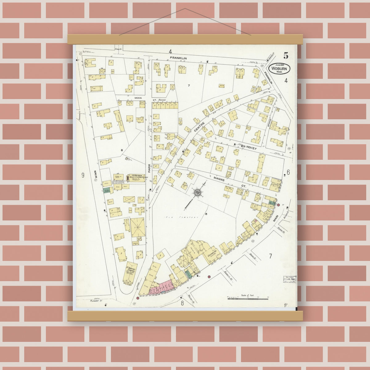 Old map wall art mockup — magnetic wood frame on brick wall — Sanborn Fire Insurance Map from Woburn, Middlesex County, Massachusetts (1910), Sheet #0005