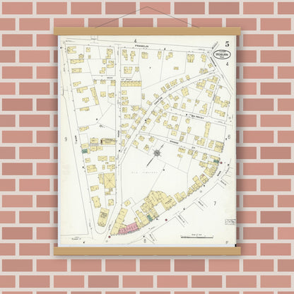 Old map wall art mockup — magnetic wood frame on brick wall — Sanborn Fire Insurance Map from Woburn, Middlesex County, Massachusetts (1910), Sheet #0005