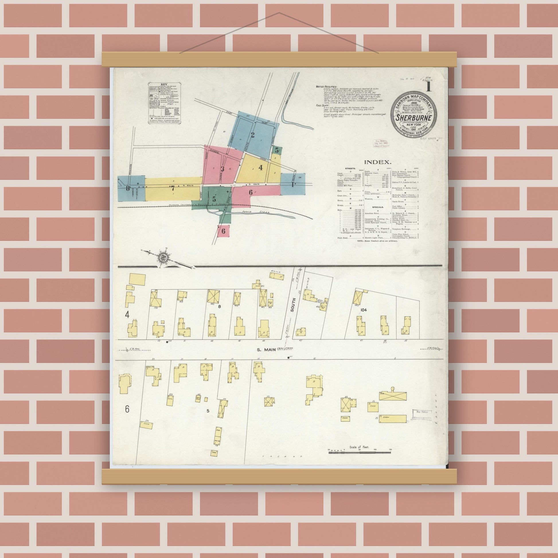 Old map wall art mockup — magnetic wood frame on brick wall — Sanborn Fire Insurance Map from Sherburne, Chenango County, New York (1911), Sheet #0001