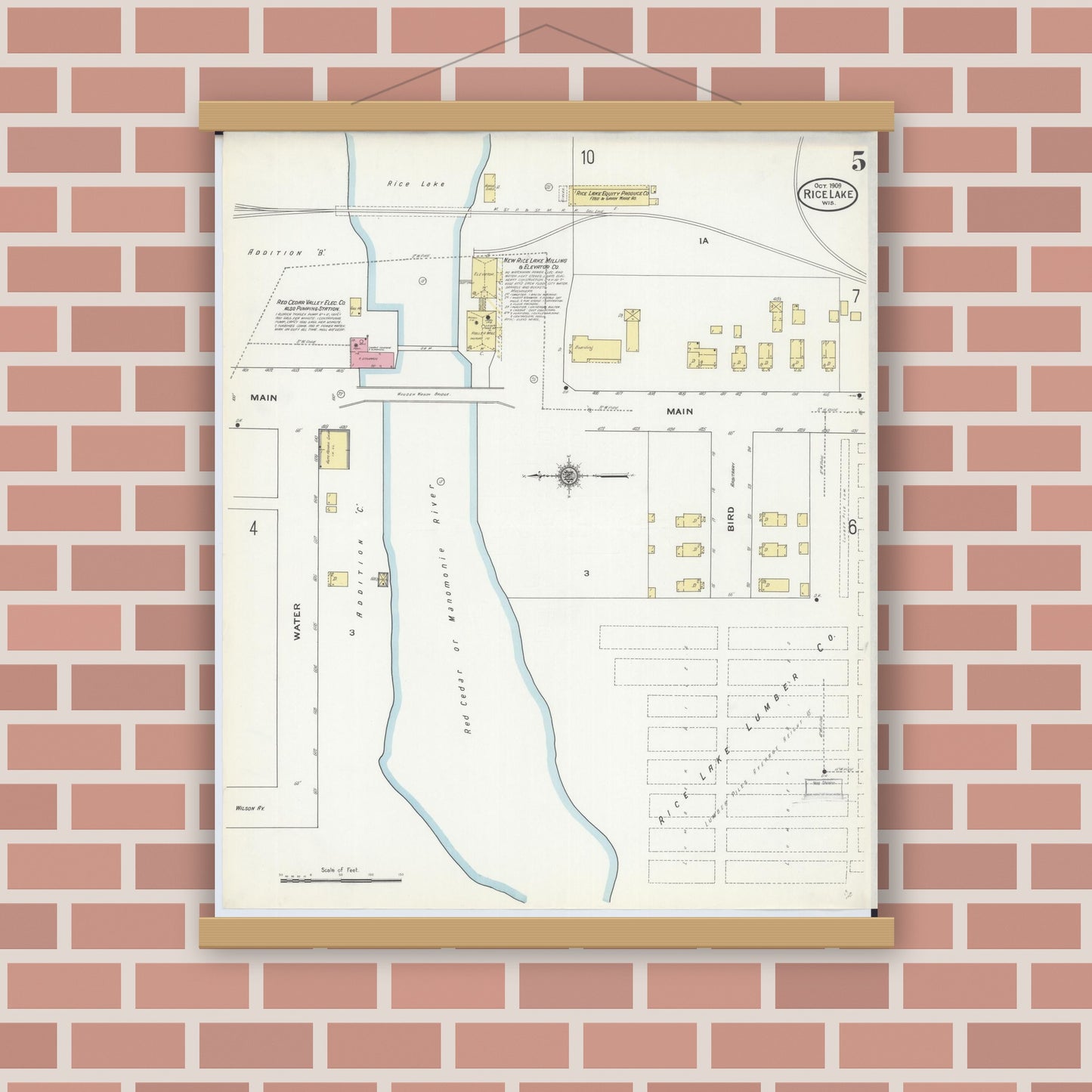 Old map wall art mockup — magnetic wood frame on brick wall — Sanborn Fire Insurance Map from Rice Lake, Barron County, Wisconsin (1909), Sheet #0005