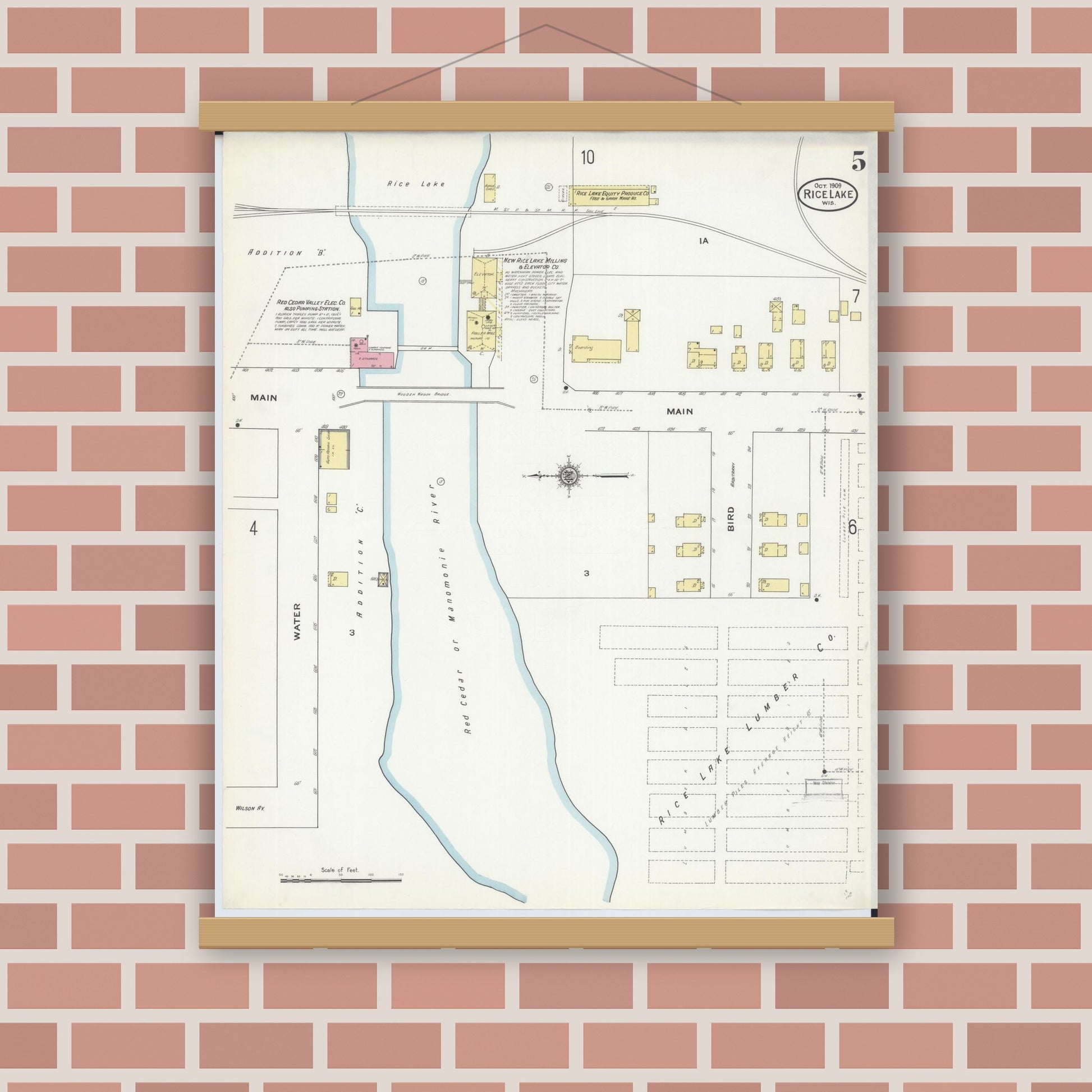 Old map wall art mockup — magnetic wood frame on brick wall — Sanborn Fire Insurance Map from Rice Lake, Barron County, Wisconsin (1909), Sheet #0005