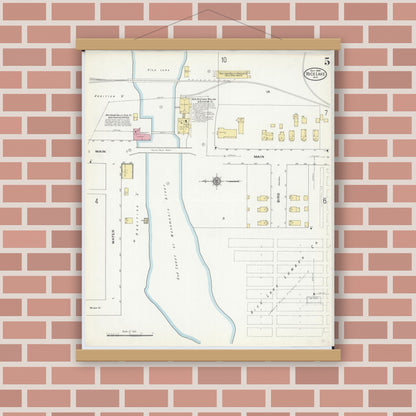 Old map wall art mockup — magnetic wood frame on brick wall — Sanborn Fire Insurance Map from Rice Lake, Barron County, Wisconsin (1909), Sheet #0005