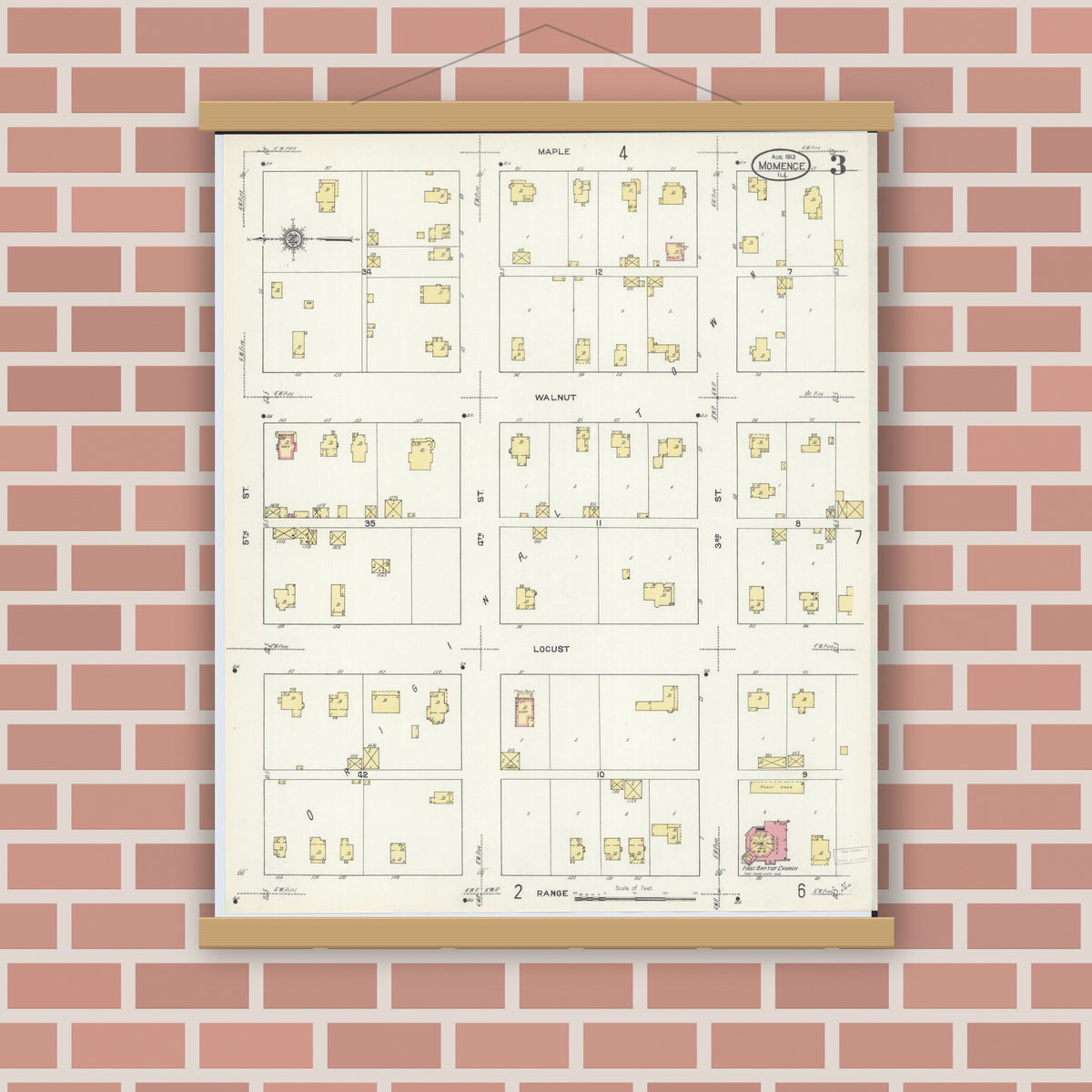 Old map wall art mockup — magnetic wood frame on brick wall — Sanborn Fire Insurance Map from Momence, Kankakee County, Illinois (1913), Sheet #0003