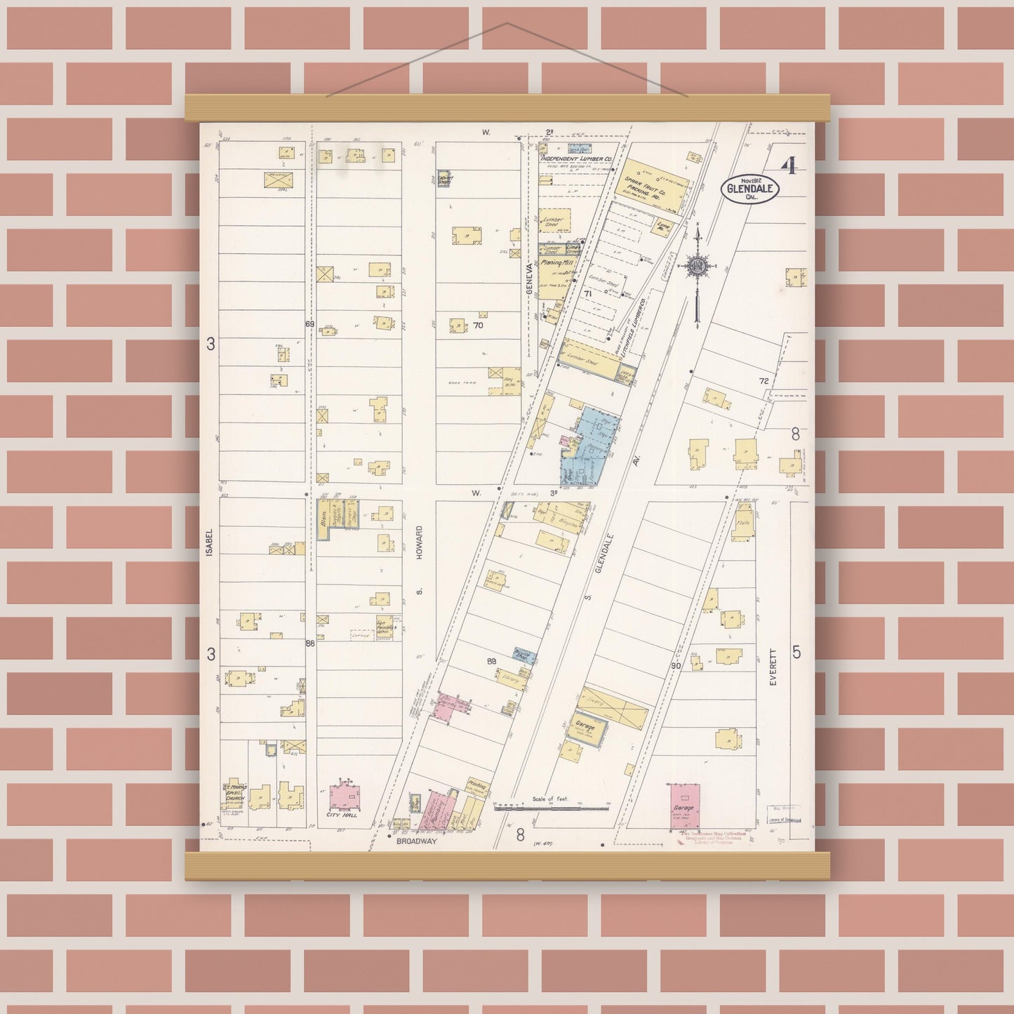 Old map wall art mockup — magnetic wood frame on brick wall — Sanborn Fire Insurance Map from Glendale, Los Angeles County, California (1912), Sheet #0004