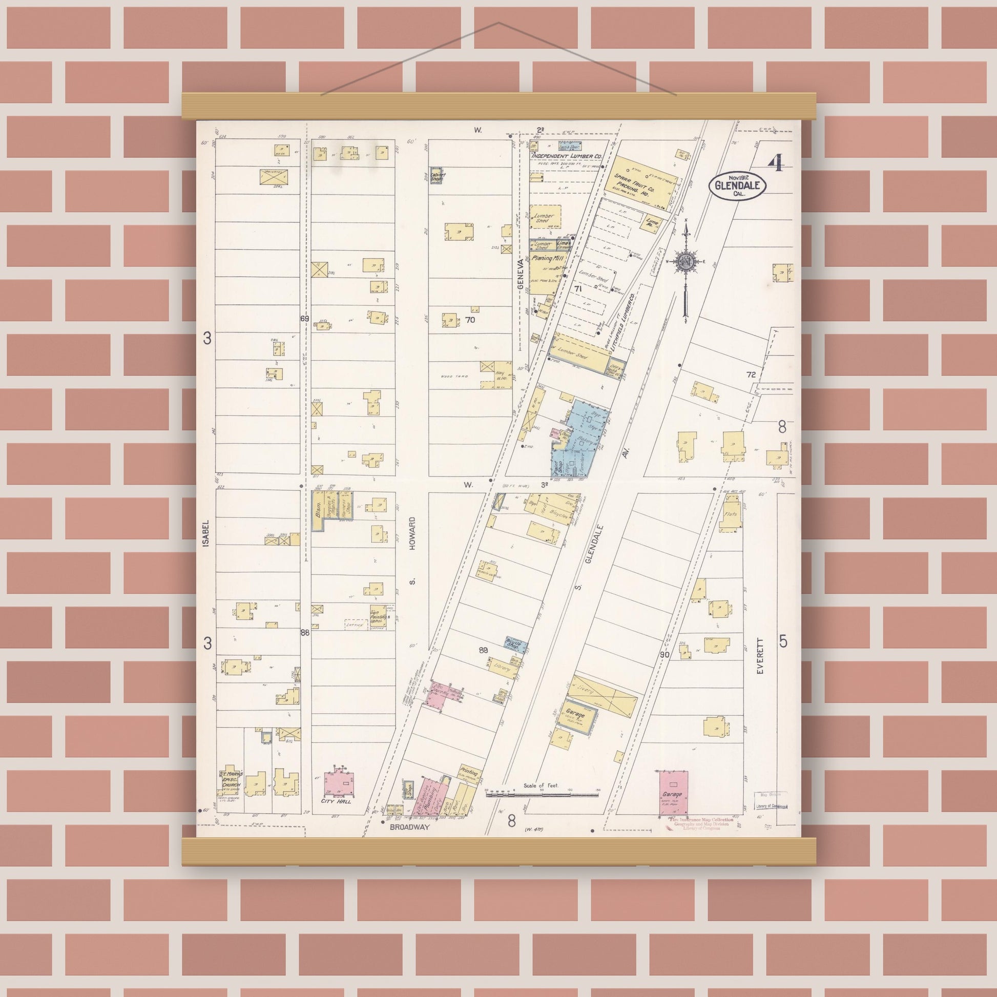 Old map wall art mockup — magnetic wood frame on brick wall — Sanborn Fire Insurance Map from Glendale, Los Angeles County, California (1912), Sheet #0004