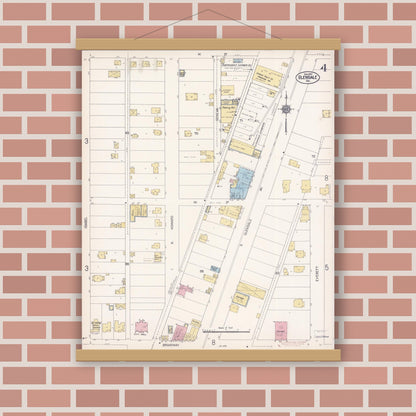 Old map wall art mockup — magnetic wood frame on brick wall — Sanborn Fire Insurance Map from Glendale, Los Angeles County, California (1912), Sheet #0004