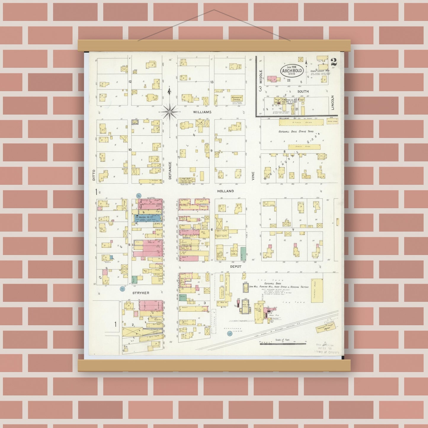 Old map wall art mockup — magnetic wood frame on brick wall — Sanborn Fire Insurance Map from Archbold, Fulton County, Ohio (1908), Sheet #0002