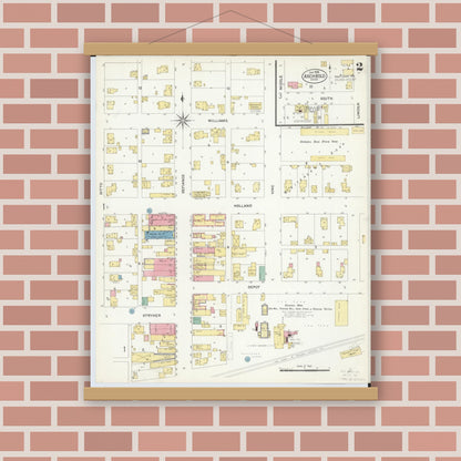 Old map wall art mockup — magnetic wood frame on brick wall — Sanborn Fire Insurance Map from Archbold, Fulton County, Ohio (1908), Sheet #0002