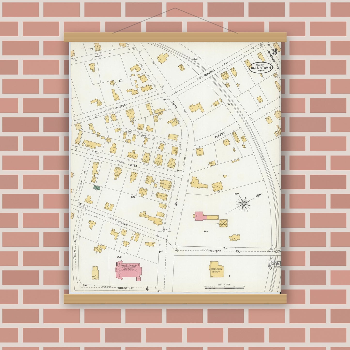 Old map wall art mockup — magnetic wood frame on brick wall — Sanborn Fire Insurance Map from Watertown, Middlesex County, Massachusetts (1904), Sheet #0003