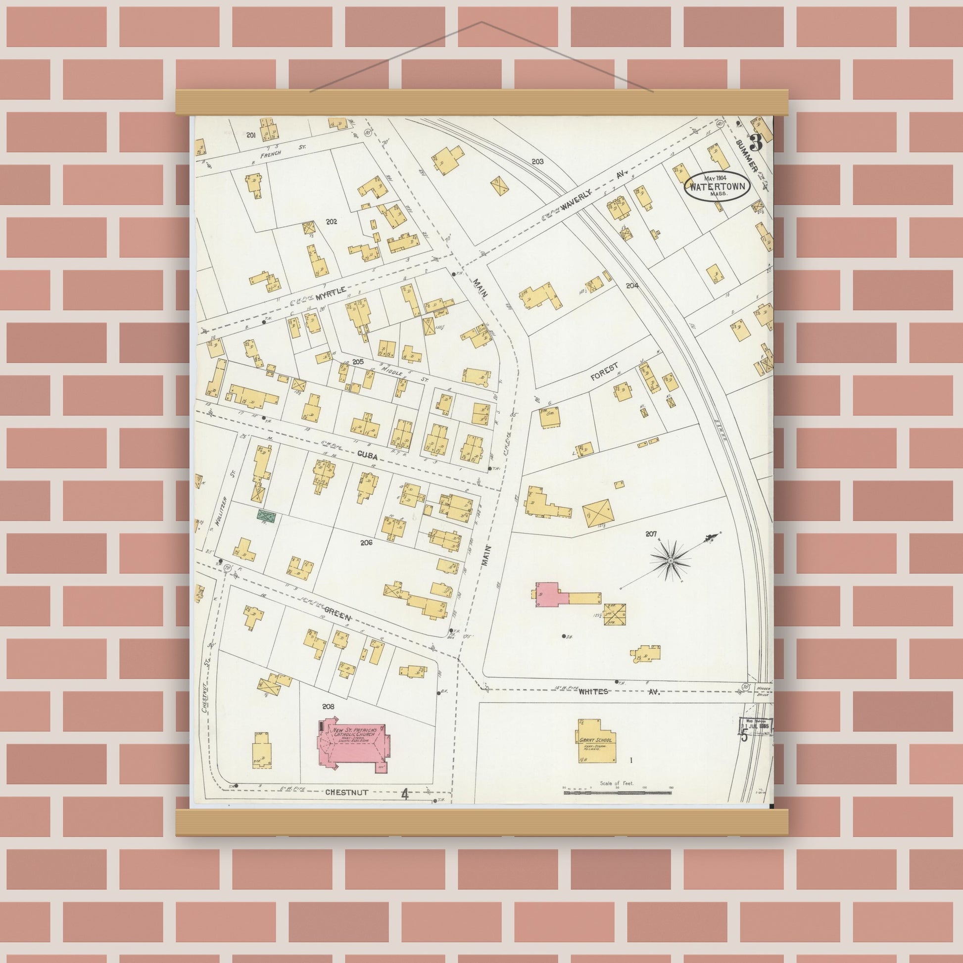 Old map wall art mockup — magnetic wood frame on brick wall — Sanborn Fire Insurance Map from Watertown, Middlesex County, Massachusetts (1904), Sheet #0003