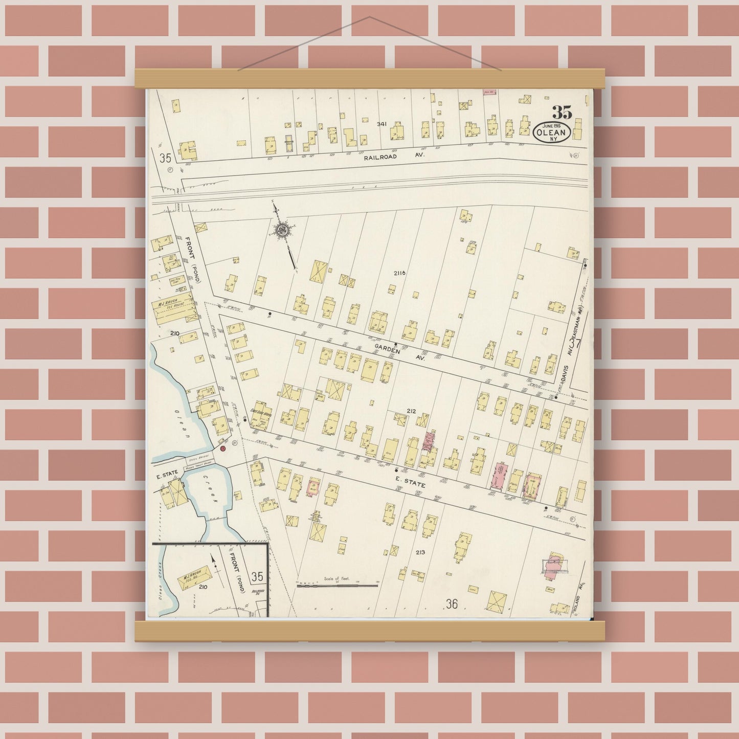 Old map wall art mockup — magnetic wood frame on brick wall — Sanborn Fire Insurance Map from Olean, Cattaraugus County, New York (1915), Sheet #0035
