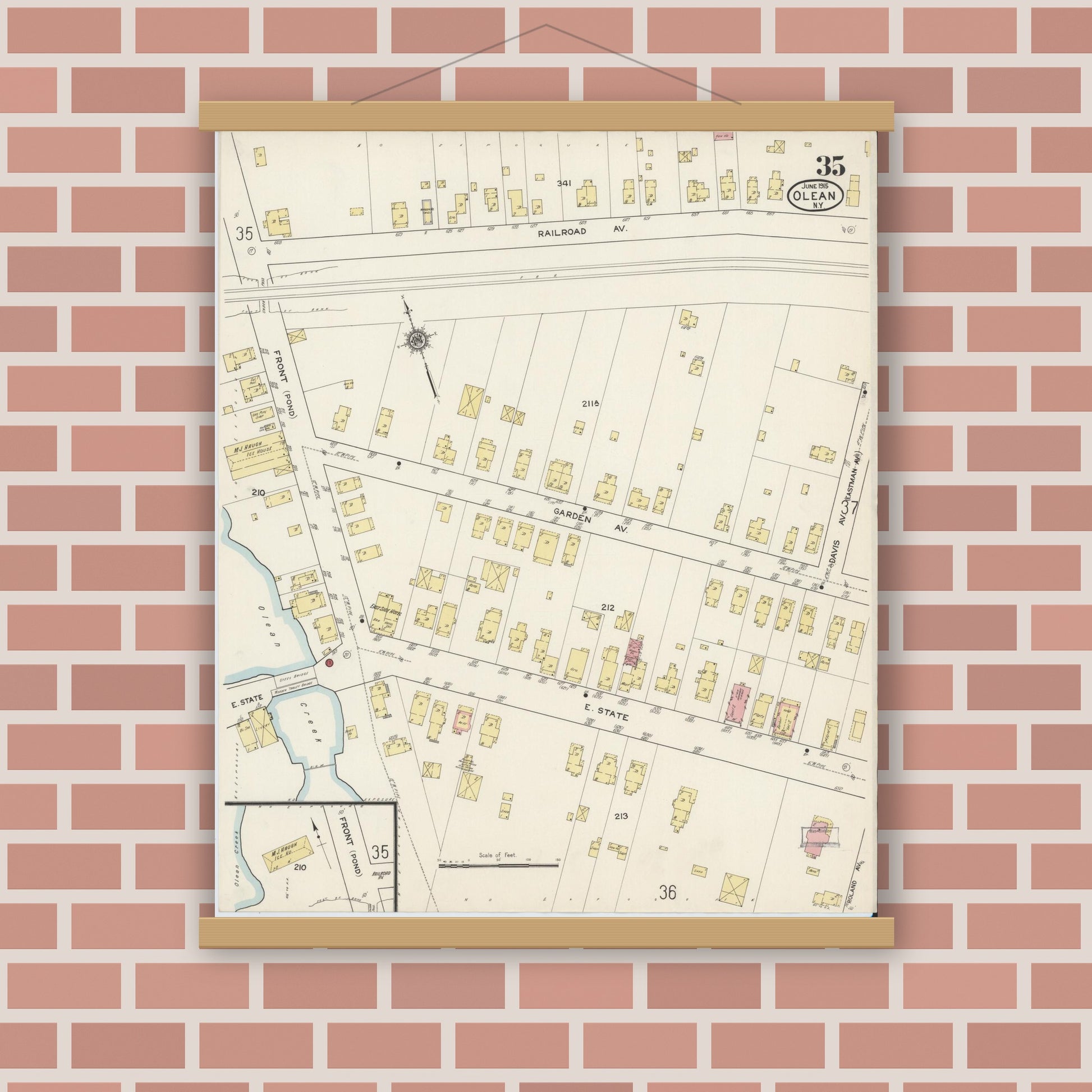 Old map wall art mockup — magnetic wood frame on brick wall — Sanborn Fire Insurance Map from Olean, Cattaraugus County, New York (1915), Sheet #0035