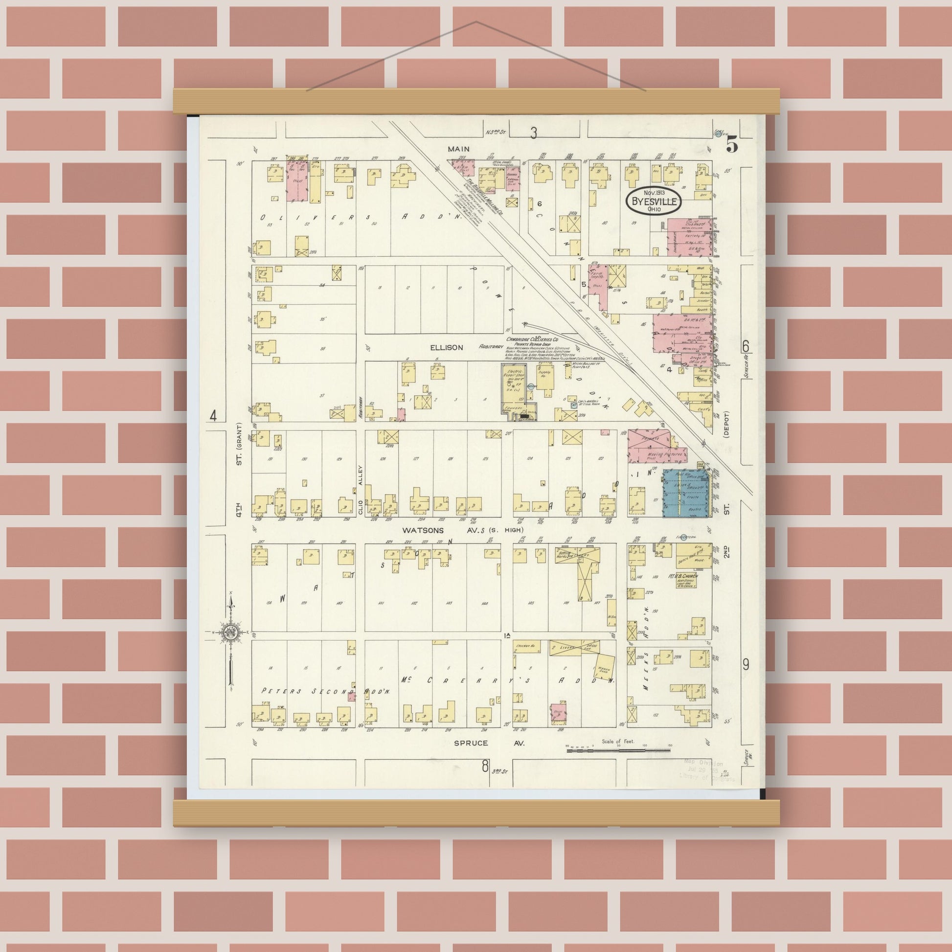 Old map wall art mockup — magnetic wood frame on brick wall — Sanborn Fire Insurance Map from Byesville, Guernsey County, Ohio (1913), Sheet #0005