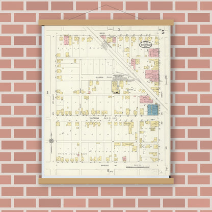 Old map wall art mockup — magnetic wood frame on brick wall — Sanborn Fire Insurance Map from Byesville, Guernsey County, Ohio (1913), Sheet #0005