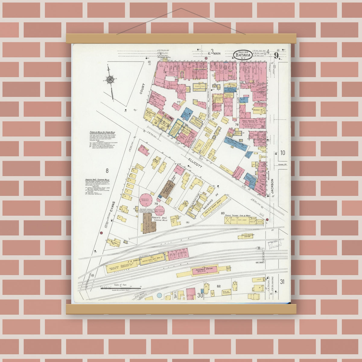 Old map wall art mockup — magnetic wood frame on brick wall — Sanborn Fire Insurance Map from Batavia, Genesee County, New York (1919), Sheet #0009