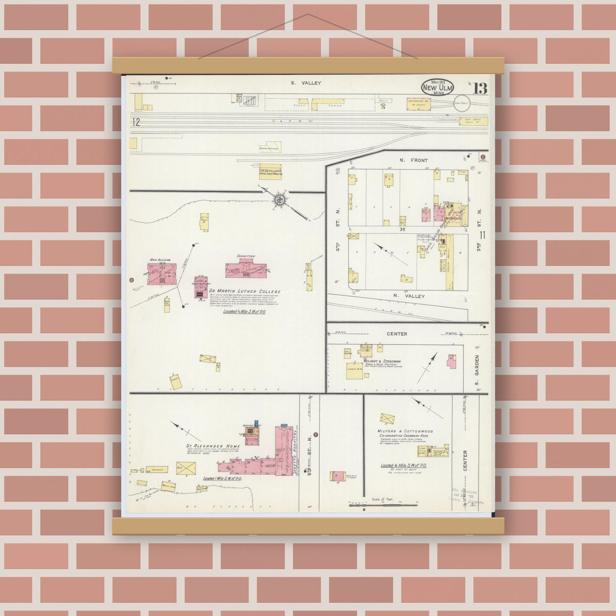 Old map wall art mockup — magnetic wood frame on brick wall — Sanborn Fire Insurance Map from New Ulm, Brown County, Minnesota (1913), Sheet #0013