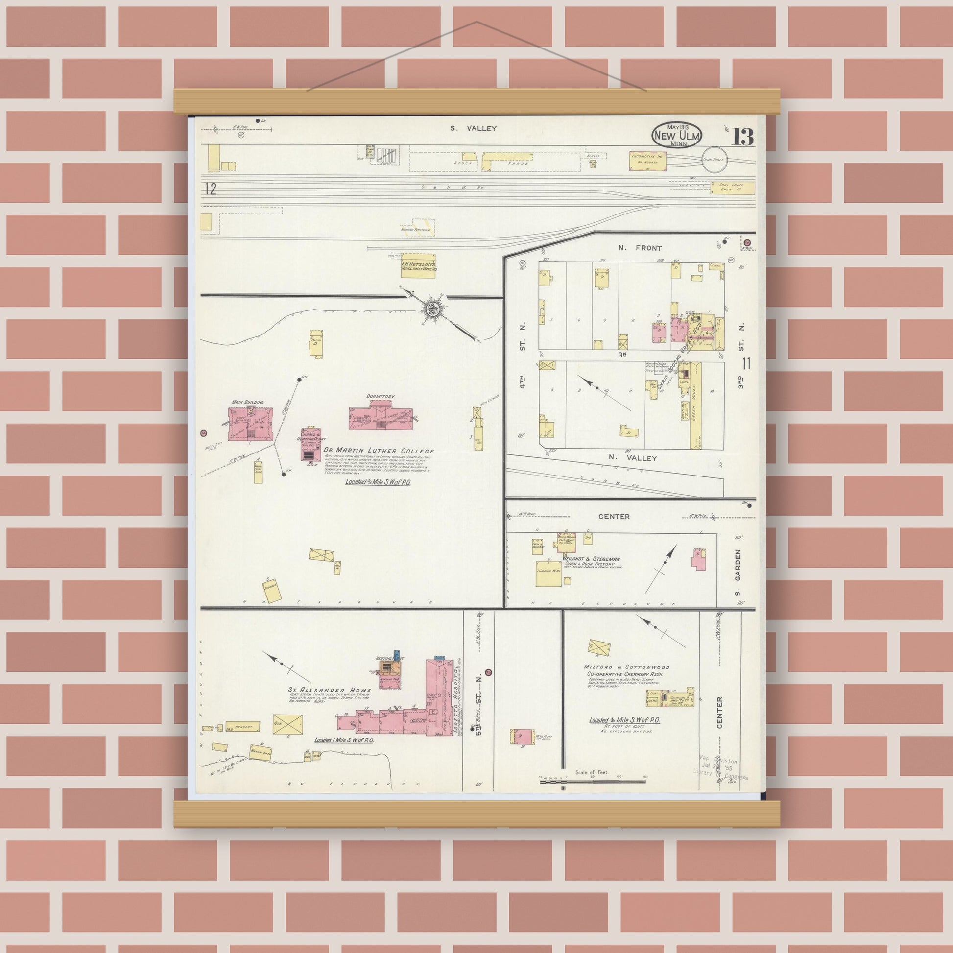 Old map wall art mockup — magnetic wood frame on brick wall — Sanborn Fire Insurance Map from New Ulm, Brown County, Minnesota (1913), Sheet #0013