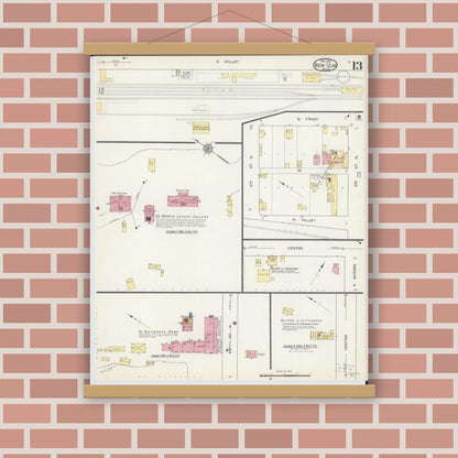 Old map wall art mockup — magnetic wood frame on brick wall — Sanborn Fire Insurance Map from New Ulm, Brown County, Minnesota (1913), Sheet #0013