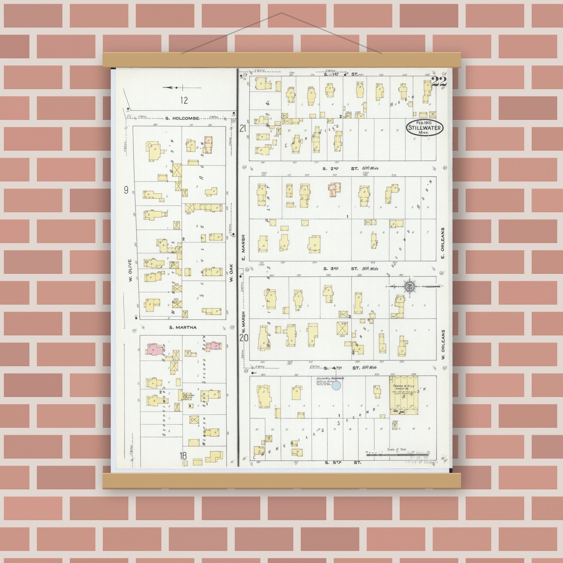 Old map wall art mockup — magnetic wood frame on brick wall — Sanborn Fire Insurance Map from Stillwater, Washington County, Minnesota (1910), Sheet #0022