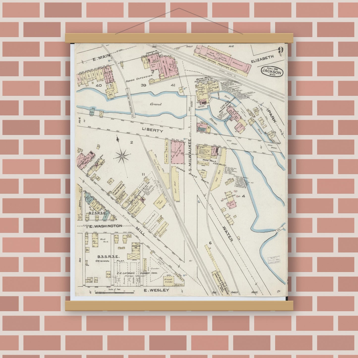 Old map wall art mockup — magnetic wood frame on brick wall — Sanborn Fire Insurance Map from Jackson, Jackson County, Michigan (1886), Sheet #0009