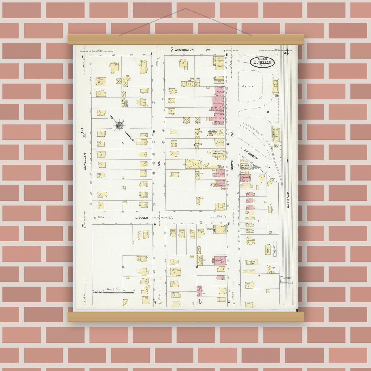 Old map wall art mockup — magnetic wood frame on brick wall — Sanborn Fire Insurance Map from Dunellen, Middlesex County, New Jersey (1910), Sheet #0004